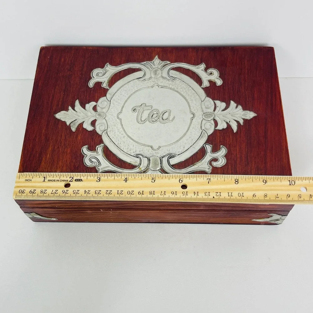 Vintage Wood Tea Storage Box Chest Brown Silver Embossed Metal Overlay Divided